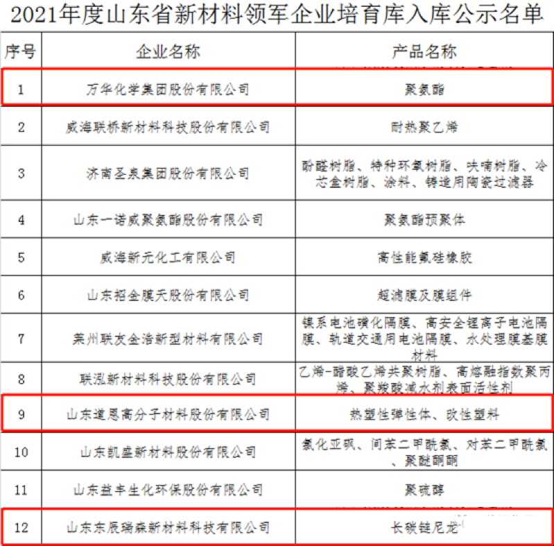 萬華化學(xué)、山東道恩、東辰瑞森等企業(yè)在列埃疫！2021年度山東省新材料領(lǐng)軍企業(yè)公示